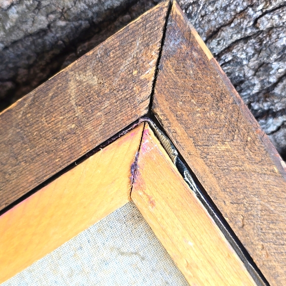 MCM 60s Vintage Owl painted on velvet 14" x 23" Rustic Wood Frame ART - Picture 5 of 8